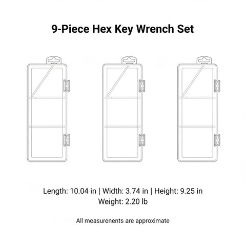 Rock Solid Pvc Hex Key Set With Secure Case That Keeps Nine Essential Wrenches Safe For Easy Furniture Assembly And Quick Home Repairs Without The Hassle Of Losing Your Tools Anywhere Around The House Or Garage Today. 9-piece PVC case, 10.04 x 3.74 x 9.25 in