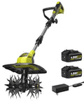 Cordless Garden Tiller with dual 20V 4Ah batteries, 9 inch tilling width, 360 RPM brushless motor, lightweight soil cultivator.