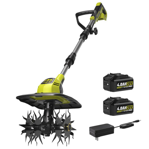 Cordless Garden Tiller with dual 20V 4Ah batteries, 9 inch tilling width, 360 RPM brushless motor, lightweight soil cultivator.