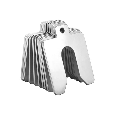 80 Piece Slotted Shim Set 2x2 Inch Stainless Steel With Eight Thicknesses Stacked