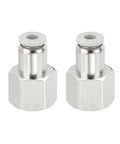 Two Pack Push To Connect Fittings One Quarter Inch NPT Female To Five Thirty Second Inch Tube OD Female Thread Straight Quick Connect Air Lines For Pneumatic Equipment White, shown from the side.
