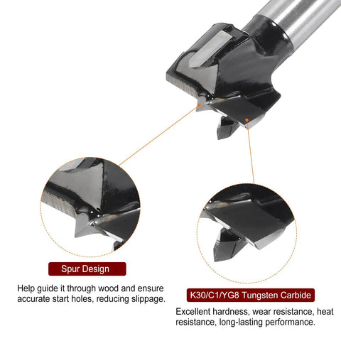 Close-up of Heavy Duty Rock Solid 3 Piece Forstner Drill Bit Set featuring sharp tungsten carbide tips and spur design for precise drilling.