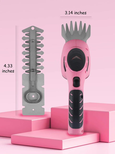 2-In-1 Electric Handheld Grass Shear And Hedge Trimmer Cordless Battery Powered No Fuss Garden Tool Pink with blades.