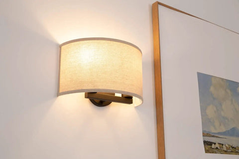 2 Light Linen Fabric Boho Hallway Wall Sconce Indoor Light Fixture Dual Vintage Industrial Hardwired Half Moon Semicircle Textile Shade Cozy Chic Vibe With E26 Socket For Bedroom Living Room Corridor And Study mounted on a wall next to a framed picture.