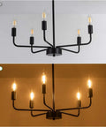 Dope Matte Black Chandelier Modern Farmhouse Candle Ceiling Light Five Light Pendant Fixture in off and on state