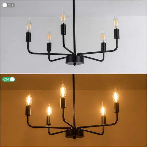 Dope Matte Black Chandelier Modern Farmhouse Candle Ceiling Light Five Light Pendant Fixture in off and on state