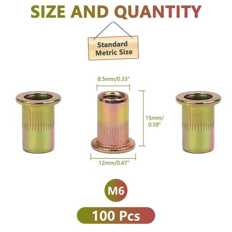 Badass M6 Rivet Nuts Flat Head Threaded Inserts Knurled Zinc Plated Carbon Steel Metric Nutserts showing sizes 8.5mm, 12mm and 15mm.