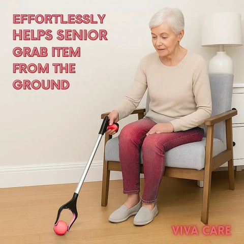 Senior woman using Foldable 32 Inch Grabber Reacher For Seniors With Rotatable Clamp Head And Non Slip Grip Lightweight Arm Extension Pickup Tool For Easy Reach To High Shelves Under Furniture And Tight Spaces to pick up an item from the floor while seated.