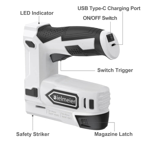 2 In 1 Cordless Electric Staple Gun And Brad Nailer Kit, 4V Lithium Ion Battery Powered Tacker with USB Charger, side view