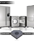 Graphic showing Anti Vibration Pads for Washing Machine and Dryer Feet Kit with appliances, highlighting durable rubber and non-slip design.