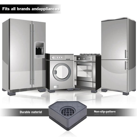 Graphic showing Anti Vibration Pads for Washing Machine and Dryer Feet Kit with appliances, highlighting durable rubber and non-slip design.