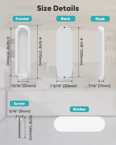 Self Adhesive Drawer Pull Handles 4 Inch White 4 Pack Durable Aluminum Alloy One Piece Construction No Rust Or Bending Dual Mount Quick Install Closet Door Knobs size details with screw and sticker mounts