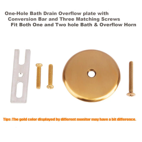 Push And Lock Bathtub Drain Stopper Kit With Trim Set And Single Hole Overflow Faceplate, Brushed Gold Finish, Parts Displayed