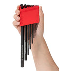 Hand holding Flat End Hex L Key Set 23-Piece With Tight Fit For Fasteners And Narrow Tolerances in red holder, black keys visible.
