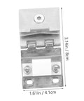 Front view of POPETPOP glass door hinge for wine cabinets; silver metal clamp hinge with screws, 3.14in tall, 1.61in wide.