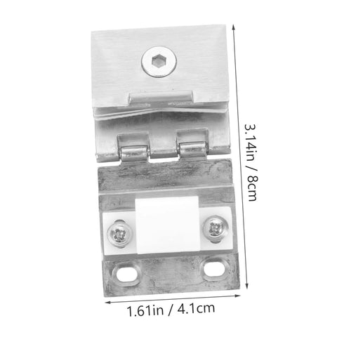 Front view of POPETPOP glass door hinge for wine cabinets; silver metal clamp hinge with screws, 3.14in tall, 1.61in wide.