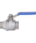 Heavy Duty Three Quarter Inch Npt Stainless Steel Ball Valve for Water Oil Gas Lines showing threaded port and blue handle.