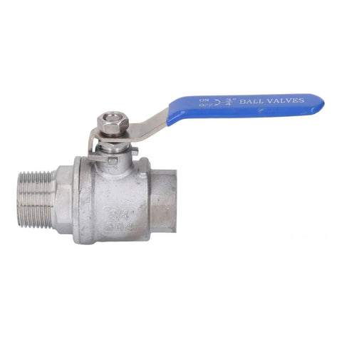 Heavy Duty Three Quarter Inch Npt Stainless Steel Ball Valve for Water Oil Gas Lines showing threaded port and blue handle.