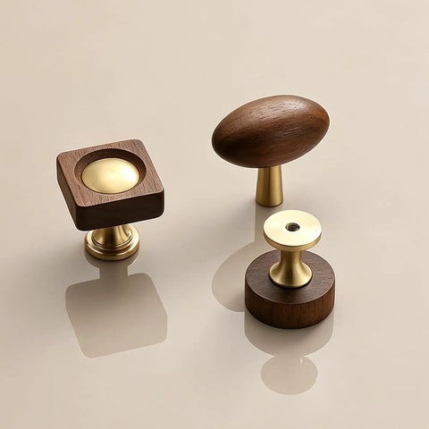 Kick Up Your Home Decor Game With Four Slick Bronze And Walnut Wood Cabinet Knobs Featuring Tight Vintage Style Brass Drawer Pulls For Kitchen And Dresser Cabinets ready to upgrade furniture.