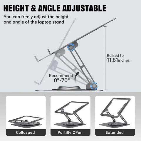 Laptop Stand for Desk, Adjustable 360 Degree Rotating Base, Ergonomic Riser for Collaborative Work, Foldable and Portable Laptop Stand for 10 to 16 Inch Laptops, Sturdy Aluminum Alloy, Anti Slip, Grey, Game Changer, side view showing height adjustment.