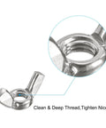 Close-up of Butterfly Wing Nuts Set For Quick Hand Tightening With 10-24 Thread 304 Stainless Steel 25 Pieces Durable Silver Fasteners