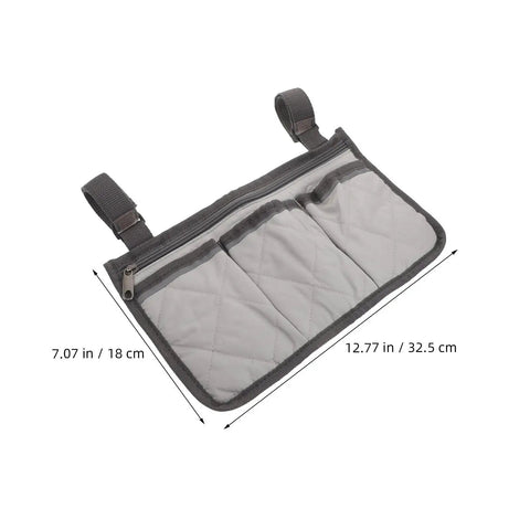 Grey Bed Rail Hanging Organizer With Four Pockets For Bedside Essentials Grab And Go Caregiver Friendly Storage Pouch shown flat