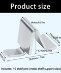 Heavy Duty Steel Shelf Clips with size dimensions for cabinets and bookshelves, adjustable brackets for secure shelves