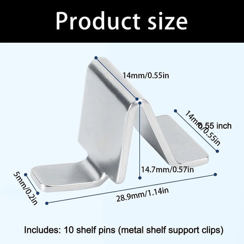 Heavy Duty Steel Shelf Clips with size dimensions for cabinets and bookshelves, adjustable brackets for secure shelves