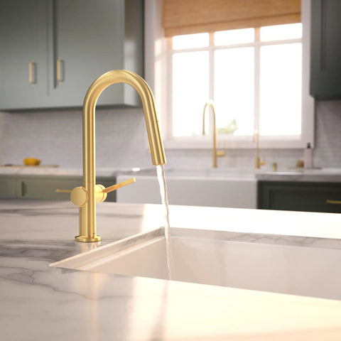 hansgrohe Talis N Pull Down Kitchen Faucet, Modern, Magnetic Hand Sprayer, 1-Handle, 1.75 GPM, Brushed Gold Optic, flowing water close-up