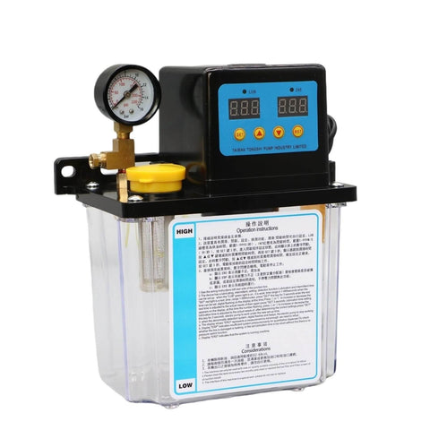 2L CNC Oil Lubrication Pump System Electromagnetic Automatic Lubricator For CNC Machines, dual display, clear reservoir.