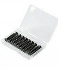 Rock Solid Flat Head Machine Screws M2.5 X 6Mm 50 Pack Black Oxide 304 Stainless Steel in clear storage box.