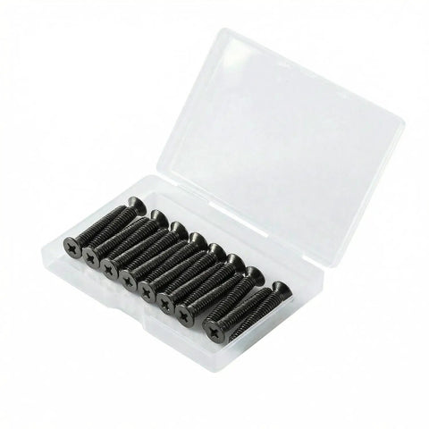 Rock Solid Flat Head Machine Screws M2.5 X 6Mm 50 Pack Black Oxide 304 Stainless Steel in clear storage box.