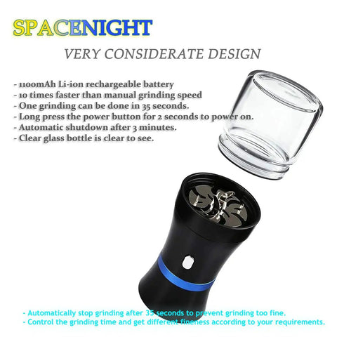 Electric Herb Grinder Compact For Flower Buds USB Rechargeable Glass Chamber Duo 1.7oz, grinder and glass jar with design details