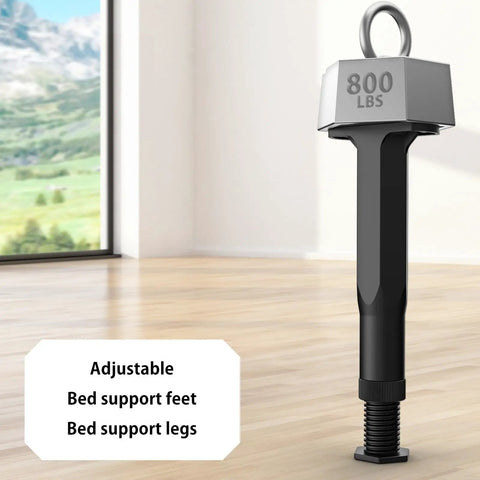 Adjustable Height Bed Frame Support Legs, plastic center support stands with swivel base, visible black leg with 800 lbs capacity.