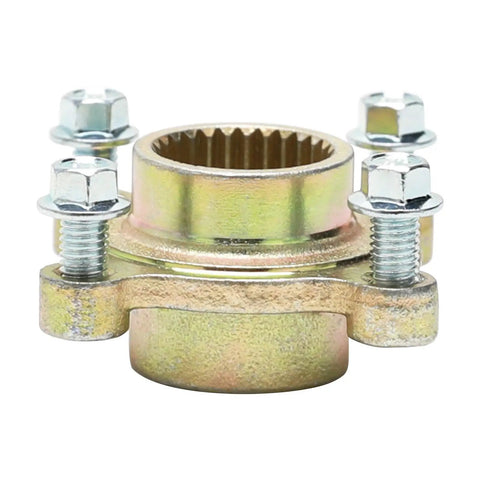 Beefy 4 Lug Rear Wheel Hub Adapter With 28 Tooth Spline Flange Rugged Steel Alloy Construction showing mounting hardware.