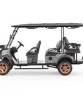 Side view of Battle Ready Six Seater Electric Shuttle Golf Cart Built Tough With A Rock Solid 48V 5Kw Motor Cruises At 25Mph Over 50 Miles.