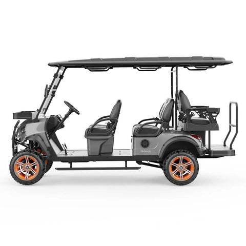 Side view of Battle Ready Six Seater Electric Shuttle Golf Cart Built Tough With A Rock Solid 48V 5Kw Motor Cruises At 25Mph Over 50 Miles.