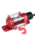 Rock Hard Red 1:10 Rc Crawler Winch Metal Cable Puller with heavy duty design, showing metal cable and red hook for off-road vehicles.