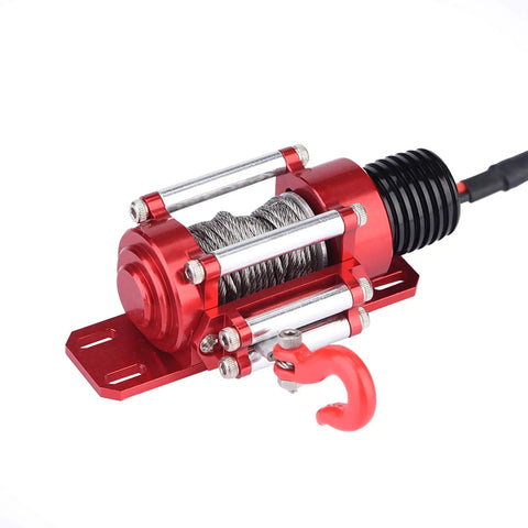 Rock Hard Red 1:10 Rc Crawler Winch Metal Cable Puller with heavy duty design, showing metal cable and red hook for off-road vehicles.