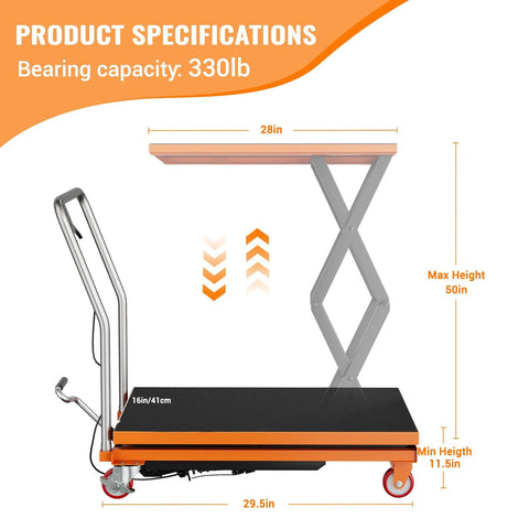 Hydraulic lift table cart, Amazon, 330 lb capacity, 50 in lift, manual double scissor lift with locking wheels