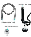 Heavy Duty Pre Rinse Hose With Spray Valve 44 Inch Flexible Stainless Steel Hose And Sprayer Nozzle Head Replacement Kit For Commercial Kitchen Sinks Includes Brass Adapter For Easy Swivel Spout Connection showing components with threading details.