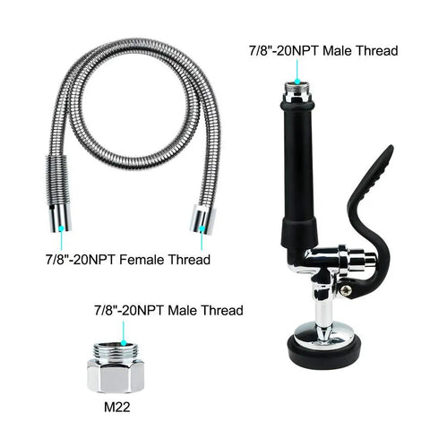 Heavy Duty Pre Rinse Hose With Spray Valve 44 Inch Flexible Stainless Steel Hose And Sprayer Nozzle Head Replacement Kit For Commercial Kitchen Sinks Includes Brass Adapter For Easy Swivel Spout Connection showing components with threading details.