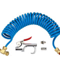 Heavy Duty Truck Air Seat Blow Gun Kit With Lever Handle And Two Slick Nozzle Tips Plus 11.5 Foot Nylon Coil Hose, includes blue coil hose and nozzle.