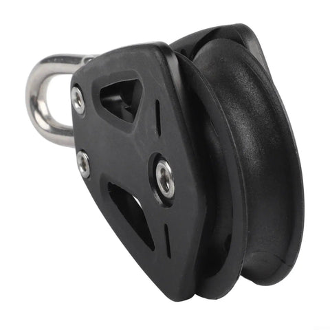 Close-up of 2 Pack Heavy Duty Nylon Pulley Block For Sailboat Rigging And Marine Applications With Bearing System, nylon body.