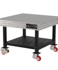 Shop Tough Mobile Welding Table 48 Inch Heavy Duty Work Bench Featuring Precision Hole Grid And Smooth Rolling Locking Casters with black frame and red wheels.