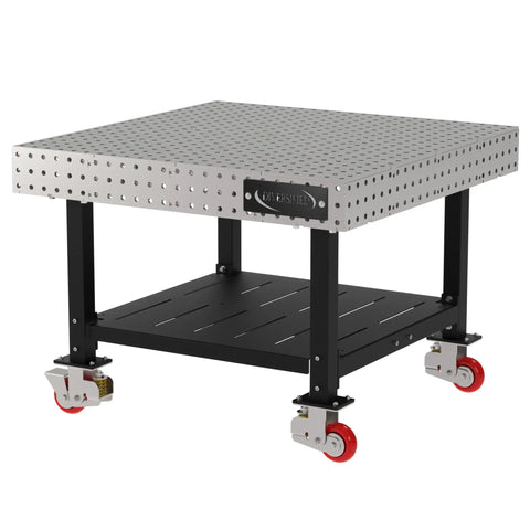 Shop Tough Mobile Welding Table 48 Inch Heavy Duty Work Bench Featuring Precision Hole Grid And Smooth Rolling Locking Casters with black frame and red wheels.