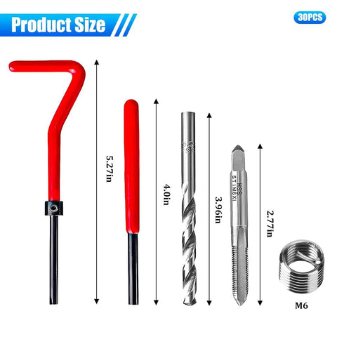 Awesome 30 Piece M6 X 1.0mm Stainless Steel Thread Repair Insert Kit For Cars That Fixes Stripped Bolts Like Magic With Hand Tools Included product size view