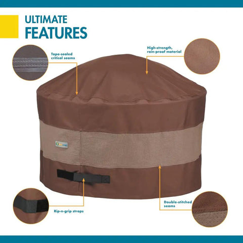 Ultimate Waterproof 34 Inch Round Fire Pit Cover with taped seams, high-strength material, and Rip N Grip straps shown in detail