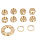 Precision Brass Router Bushing Guide Set 11 Piece Woodworking Template Kit showing brass bushings and adapter for router use.