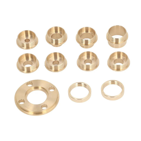 Precision Brass Router Bushing Guide Set 11 Piece Woodworking Template Kit showing brass bushings and adapter for router use.